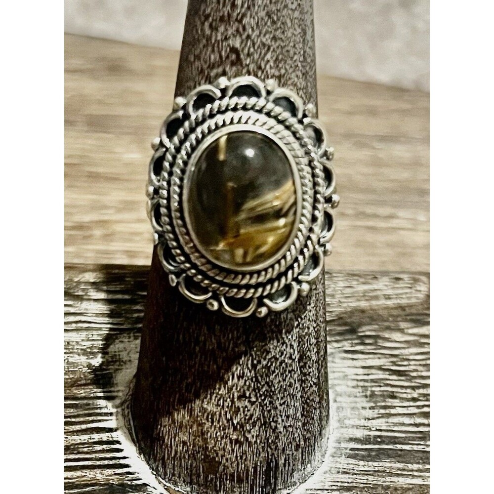 Natural Golden Rutilated Quartz 925 Sterling Silver Statement Ring Sz 7